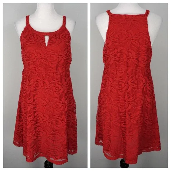 ANN TAYLOR LOFT Red Floral Lace Sleeveless A-Line Midi Dress Size Medium